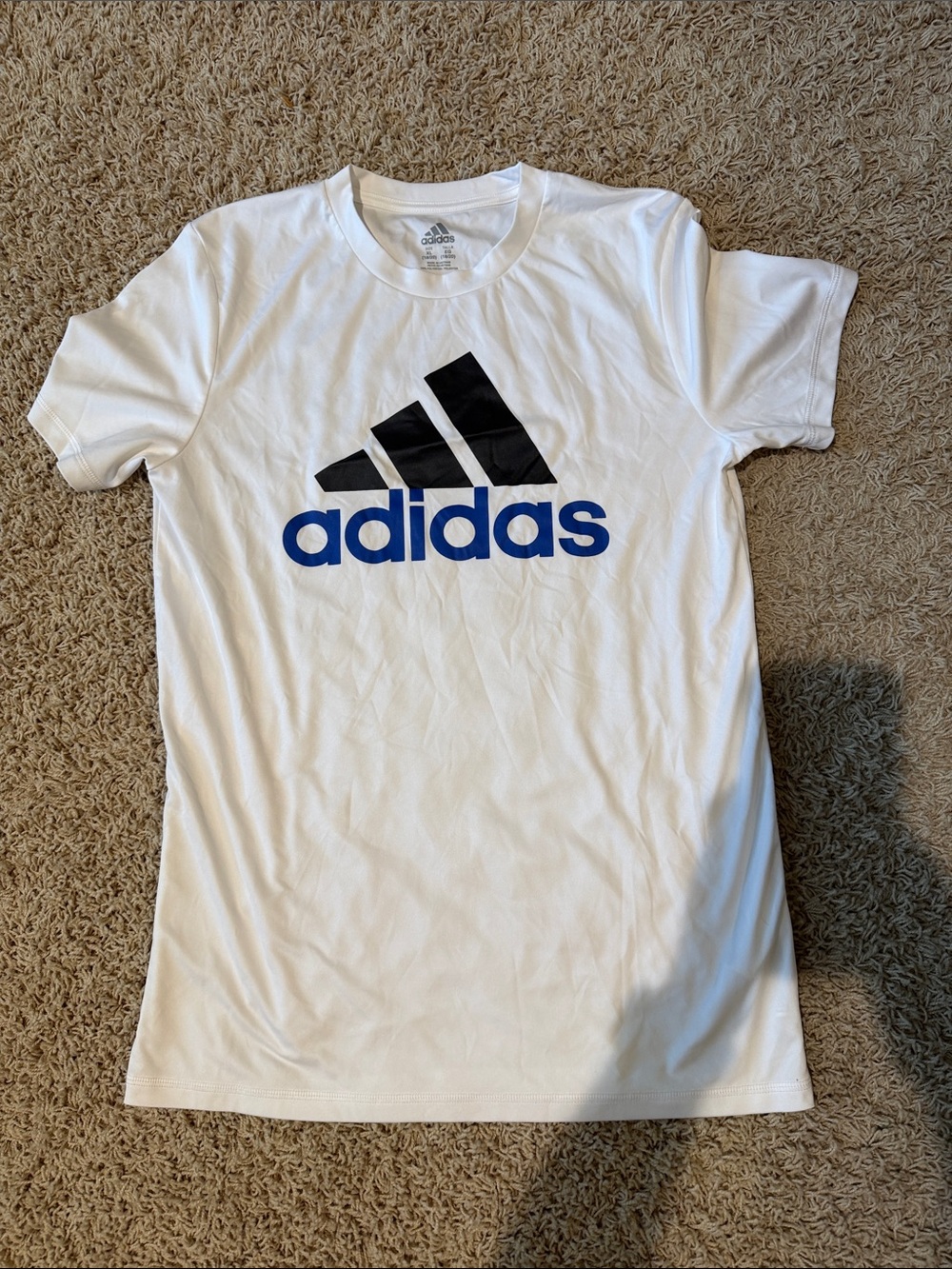 adidas White Short-Sleeve Tee with Black & Blue Logo